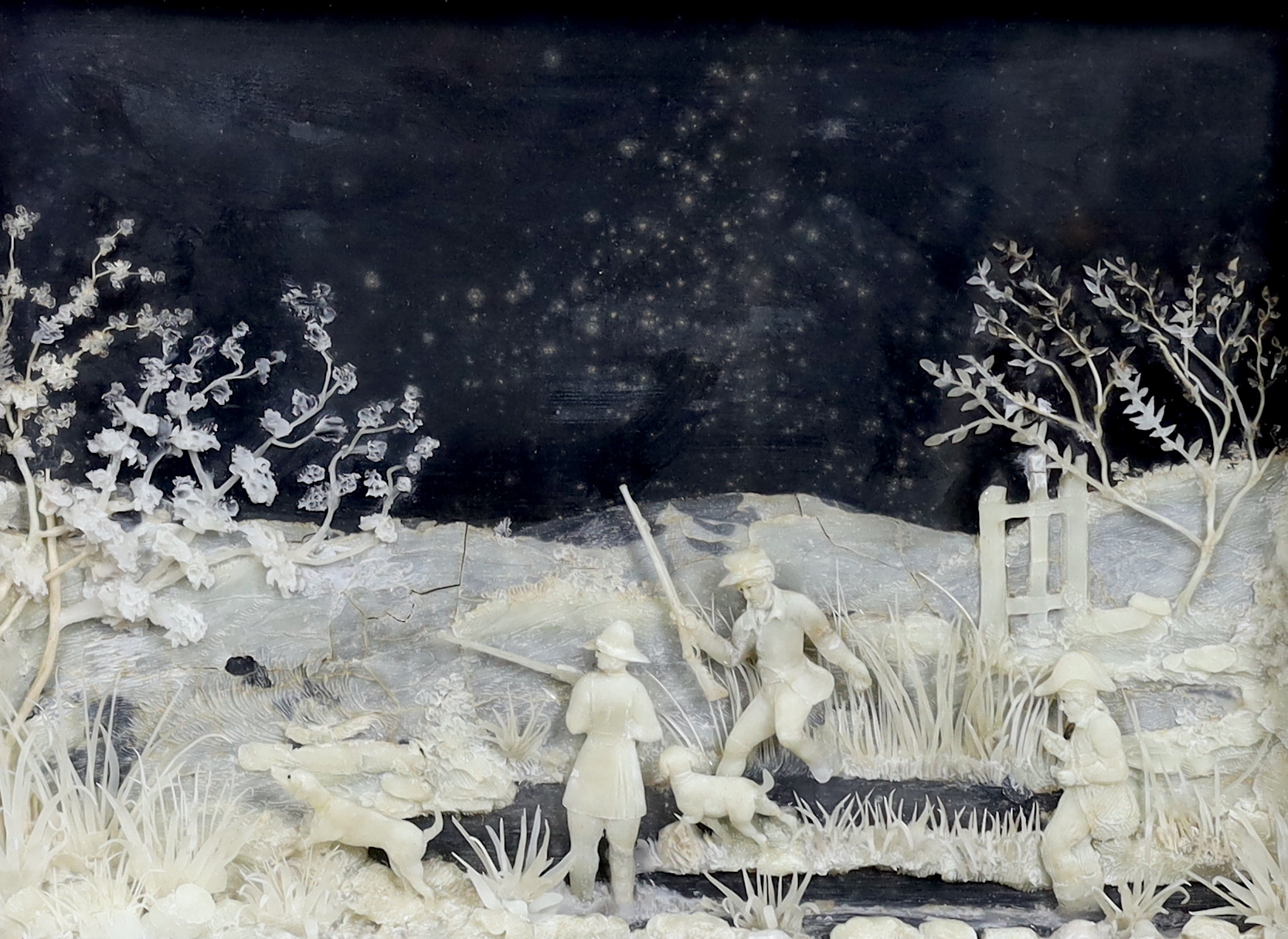 A rare pair of mid 19th century carved wax pictures, 26 x 36cm, original gilt gesso frames
